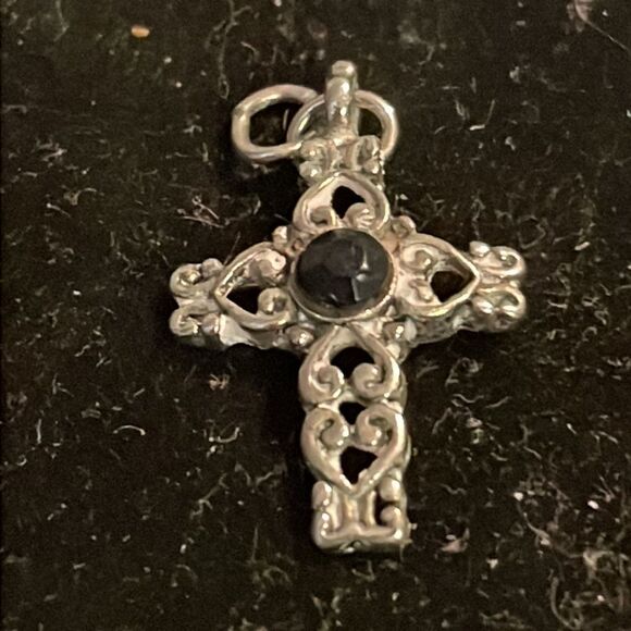 1” silver tone cross w/black onyx colored bead charm/pendant w/jump hoop - Picture 2 of 9